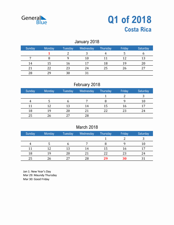 Costa Rica Q1 2018 Quarterly Calendar with Sunday Start