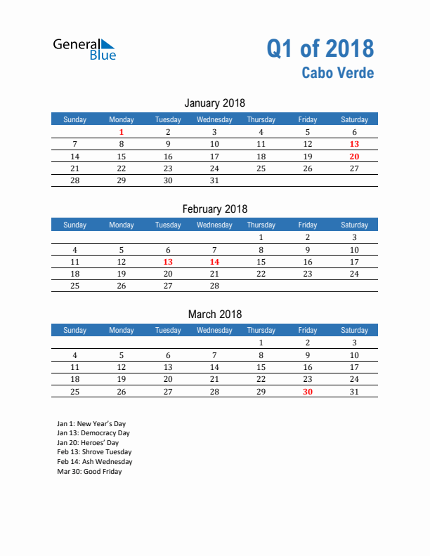 Cabo Verde Q1 2018 Quarterly Calendar with Sunday Start