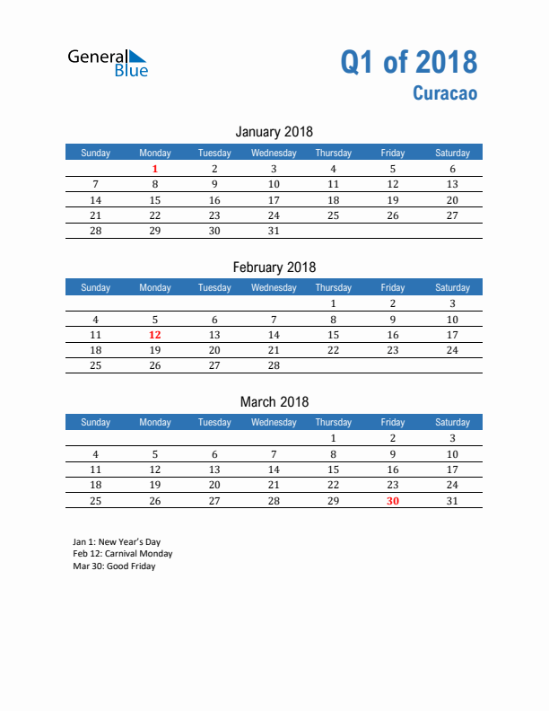 Curacao Q1 2018 Quarterly Calendar with Sunday Start