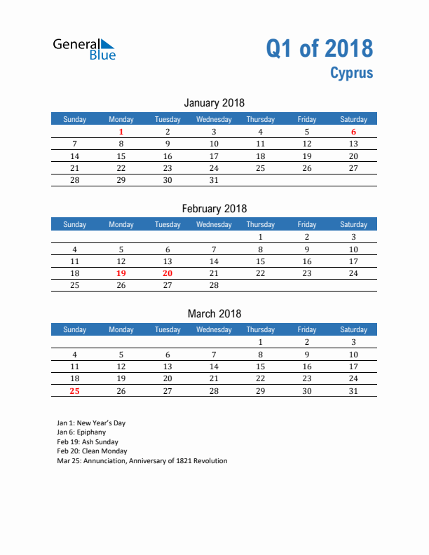 Cyprus Q1 2018 Quarterly Calendar with Sunday Start