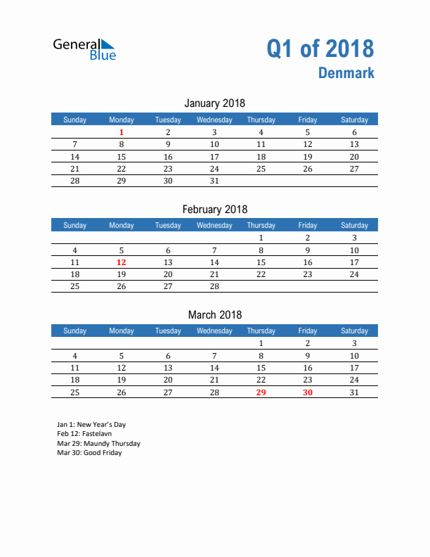 Denmark Q1 2018 Quarterly Calendar with Sunday Start