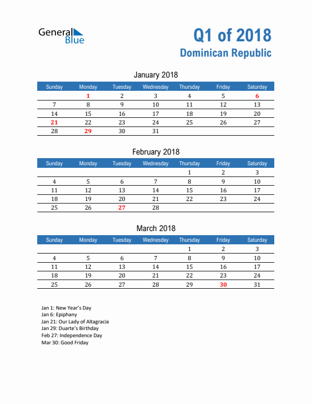 Dominican Republic Q1 2018 Quarterly Calendar with Sunday Start