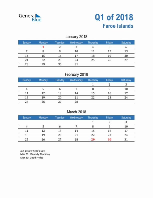 Faroe Islands Q1 2018 Quarterly Calendar with Sunday Start