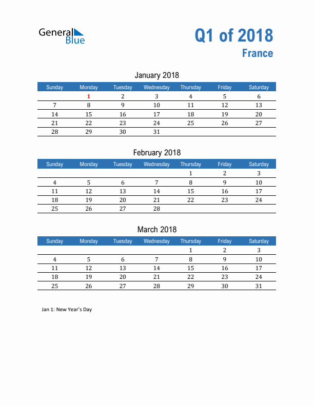 France Q1 2018 Quarterly Calendar with Sunday Start