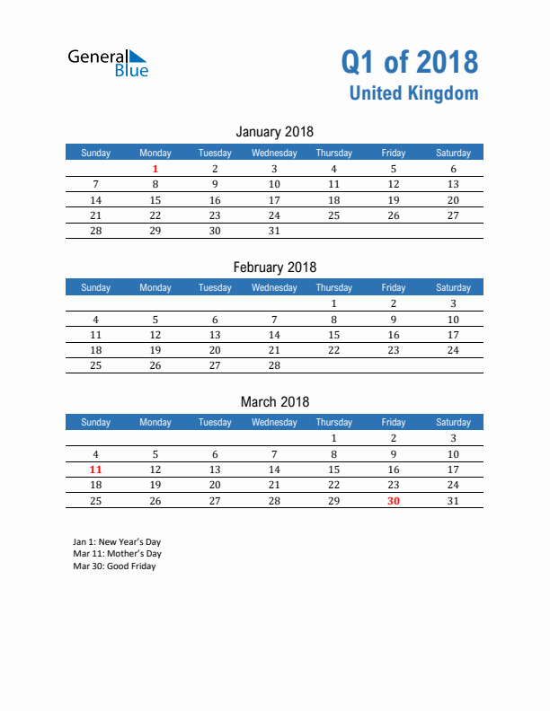 United Kingdom Q1 2018 Quarterly Calendar with Sunday Start