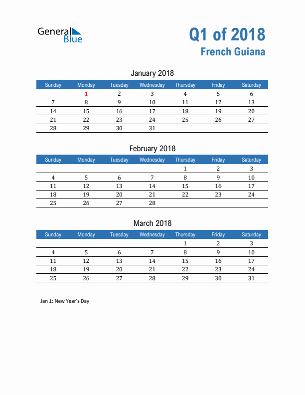 French Guiana Q1 2018 Quarterly Calendar with Sunday Start