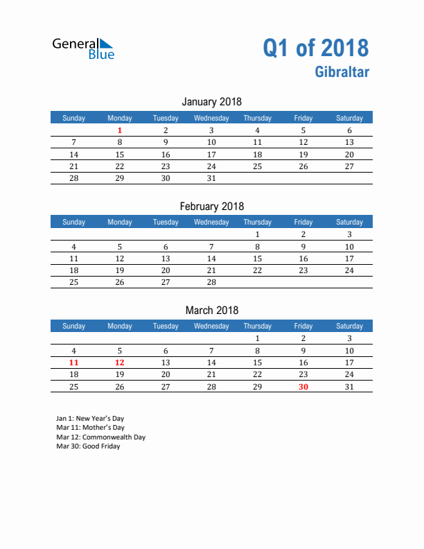 Gibraltar Q1 2018 Quarterly Calendar with Sunday Start