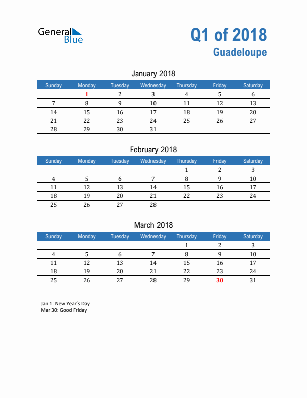 Guadeloupe Q1 2018 Quarterly Calendar with Sunday Start