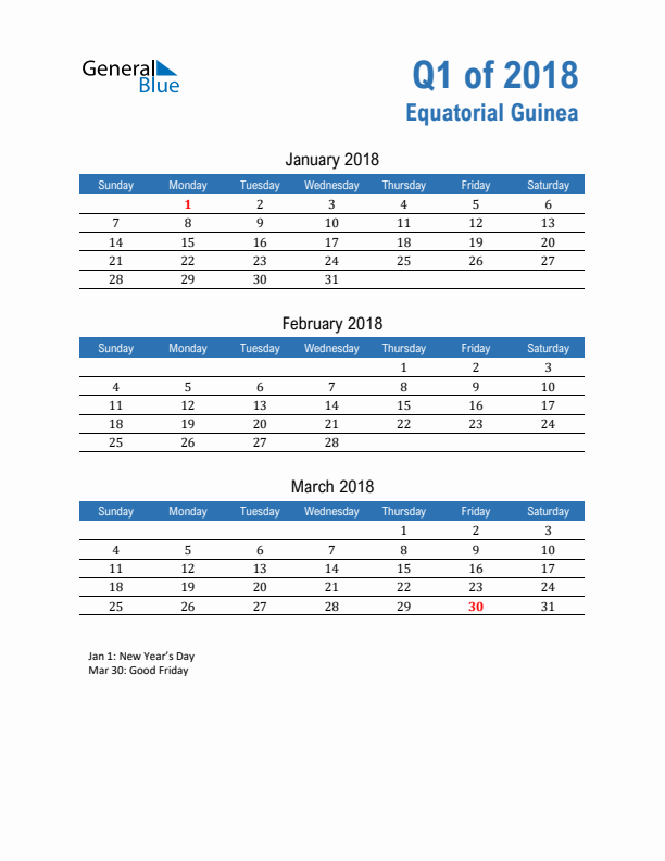 Equatorial Guinea Q1 2018 Quarterly Calendar with Sunday Start