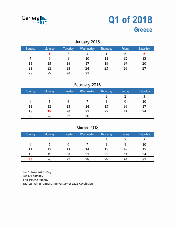 Greece Q1 2018 Quarterly Calendar with Sunday Start