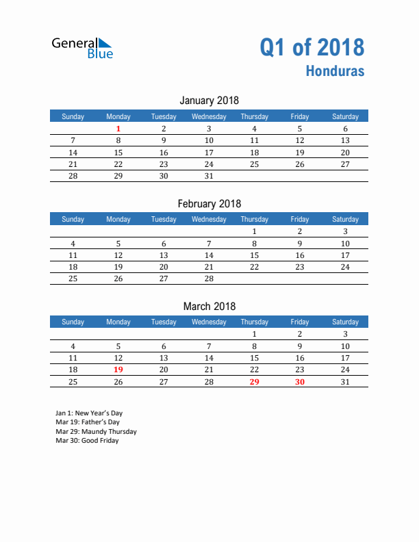 Honduras Q1 2018 Quarterly Calendar with Sunday Start