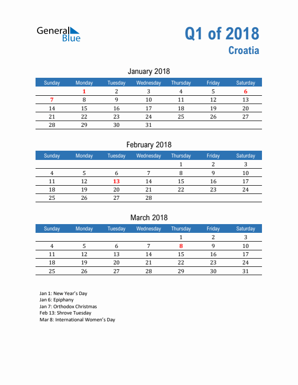 Croatia Q1 2018 Quarterly Calendar with Sunday Start