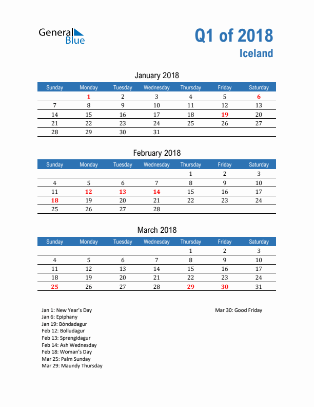 Iceland Q1 2018 Quarterly Calendar with Sunday Start