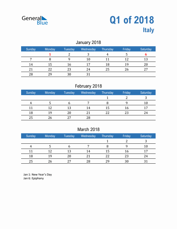 Italy Q1 2018 Quarterly Calendar with Sunday Start