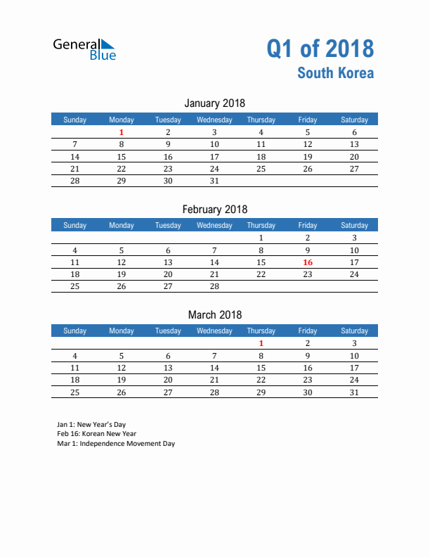 South Korea Q1 2018 Quarterly Calendar with Sunday Start