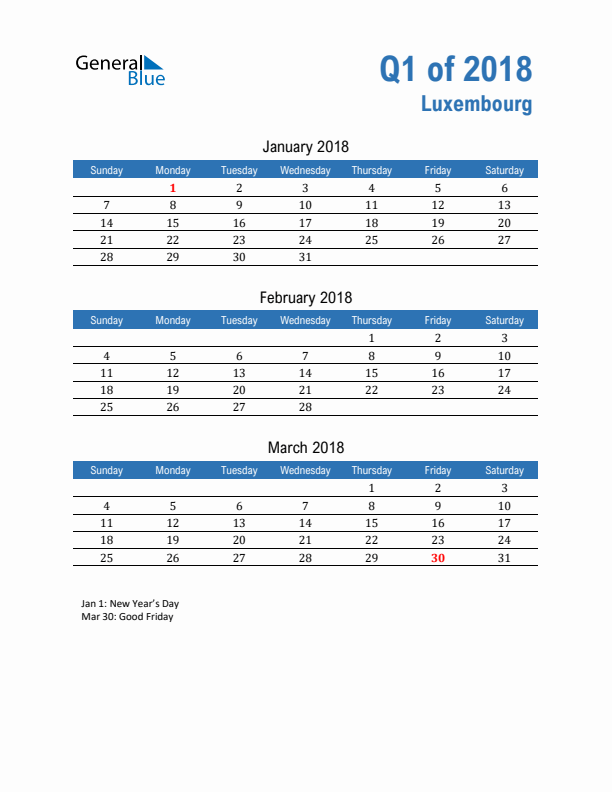 Luxembourg Q1 2018 Quarterly Calendar with Sunday Start