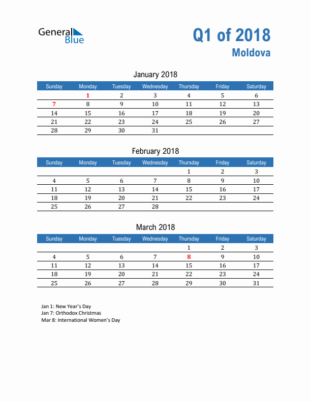 Moldova Q1 2018 Quarterly Calendar with Sunday Start