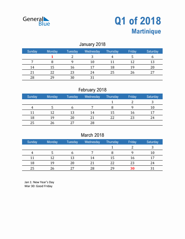 Martinique Q1 2018 Quarterly Calendar with Sunday Start