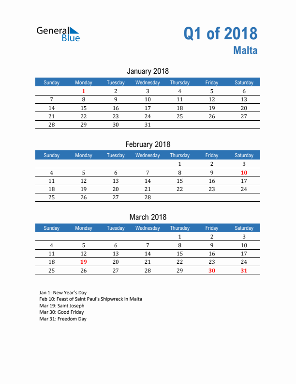 Malta Q1 2018 Quarterly Calendar with Sunday Start