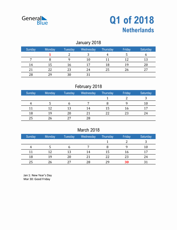 The Netherlands Q1 2018 Quarterly Calendar with Sunday Start