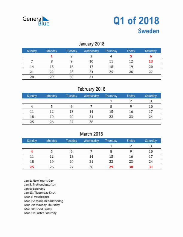 Sweden Q1 2018 Quarterly Calendar with Sunday Start