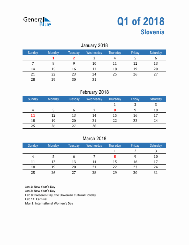 Slovenia Q1 2018 Quarterly Calendar with Sunday Start