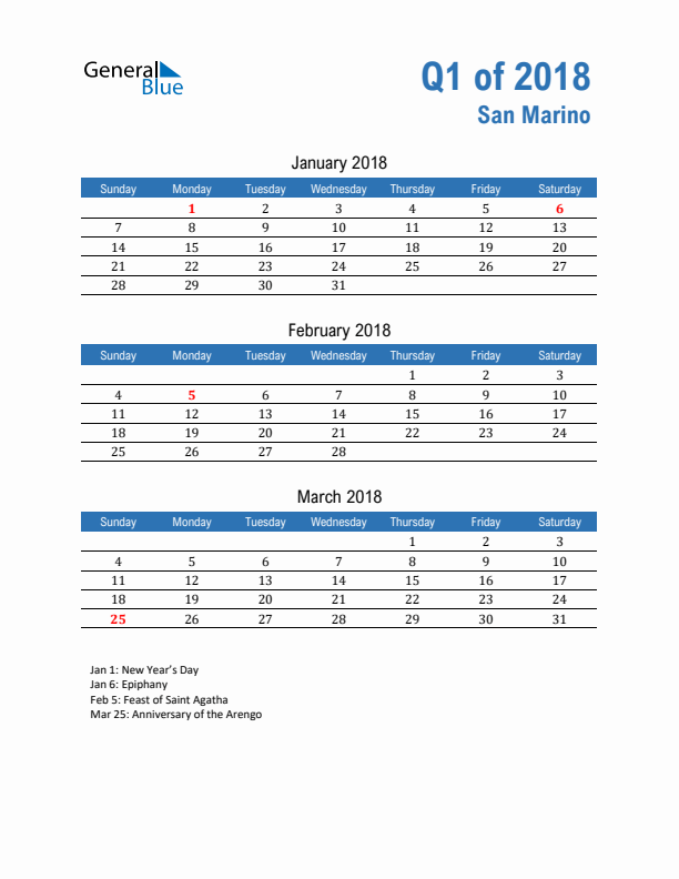 San Marino Q1 2018 Quarterly Calendar with Sunday Start