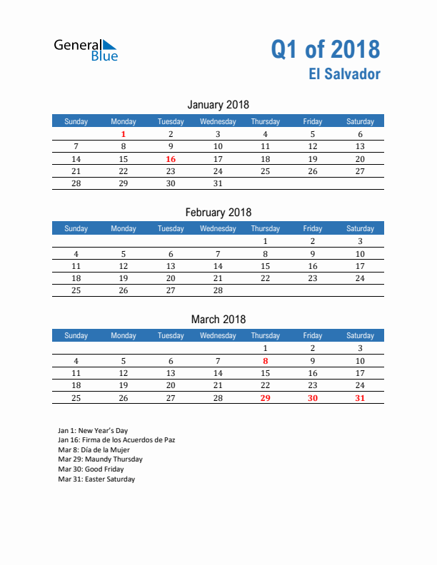 El Salvador Q1 2018 Quarterly Calendar with Sunday Start