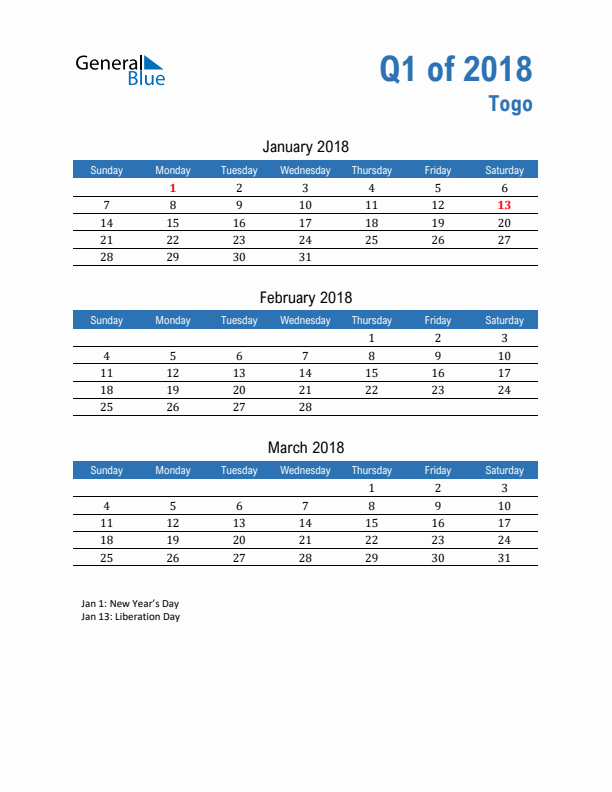 Togo Q1 2018 Quarterly Calendar with Sunday Start