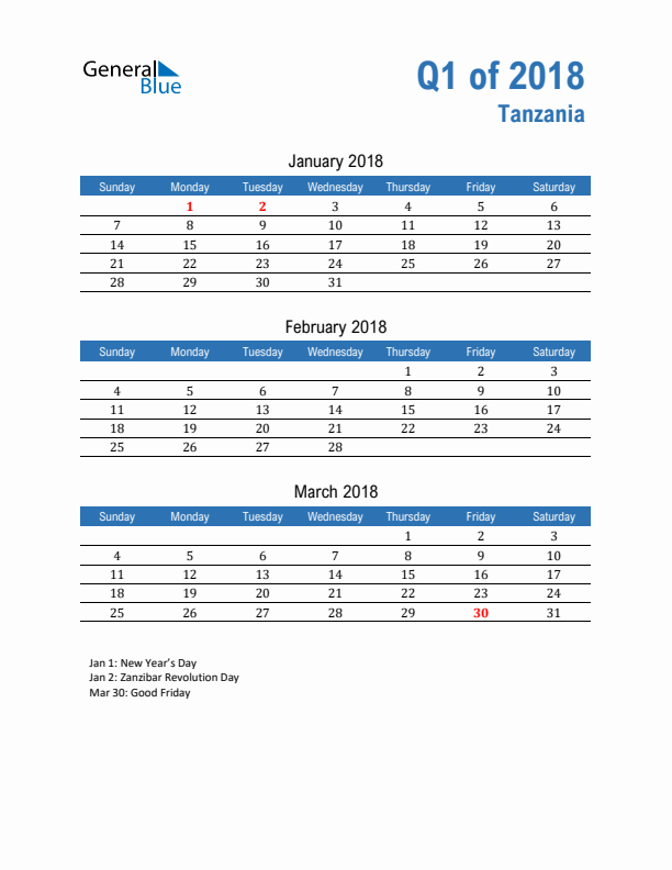 Tanzania Q1 2018 Quarterly Calendar with Sunday Start