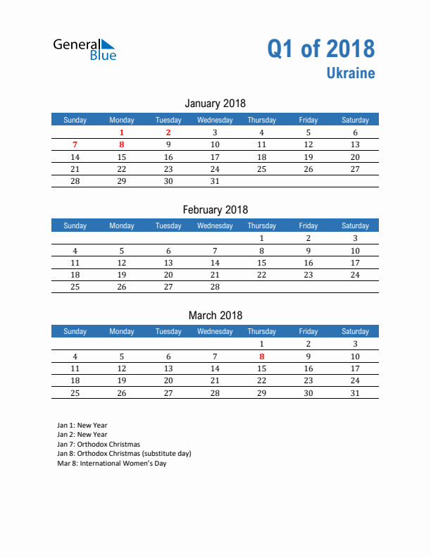 Ukraine Q1 2018 Quarterly Calendar with Sunday Start