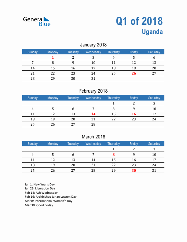 Uganda Q1 2018 Quarterly Calendar with Sunday Start