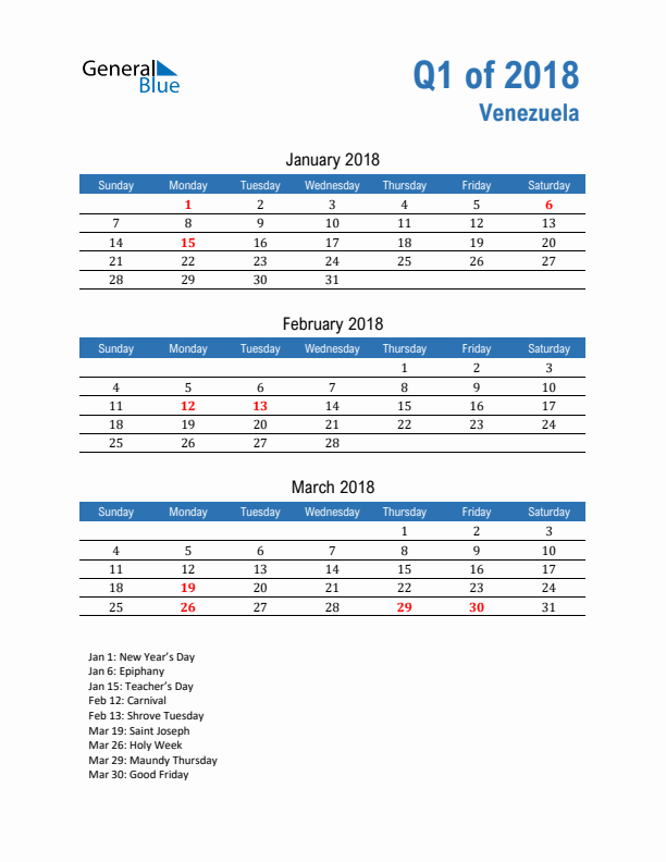 Venezuela Q1 2018 Quarterly Calendar with Sunday Start