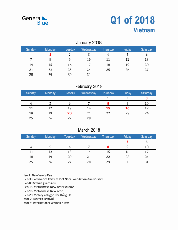 Vietnam Q1 2018 Quarterly Calendar with Sunday Start