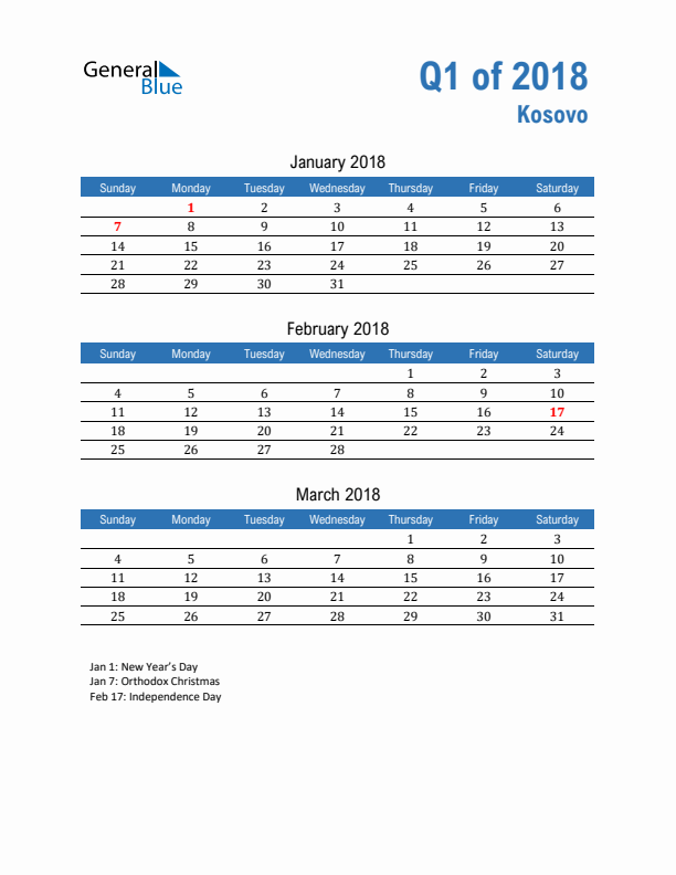 Kosovo Q1 2018 Quarterly Calendar with Sunday Start