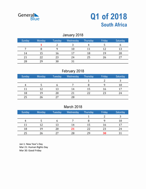 South Africa Q1 2018 Quarterly Calendar with Sunday Start