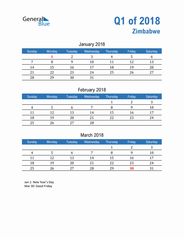 Zimbabwe Q1 2018 Quarterly Calendar with Sunday Start