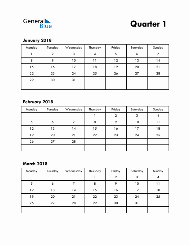 Quarter 1 2018 Calendar - Monday Start