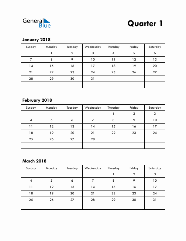 Quarter 1 2018 Calendar - Sunday Start