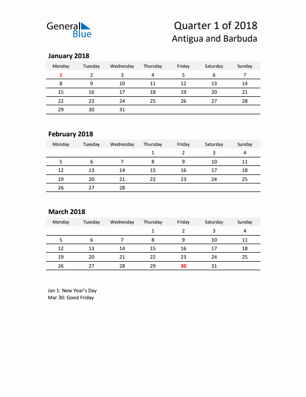 2018 Q1 Three-Month Calendar for Antigua and Barbuda