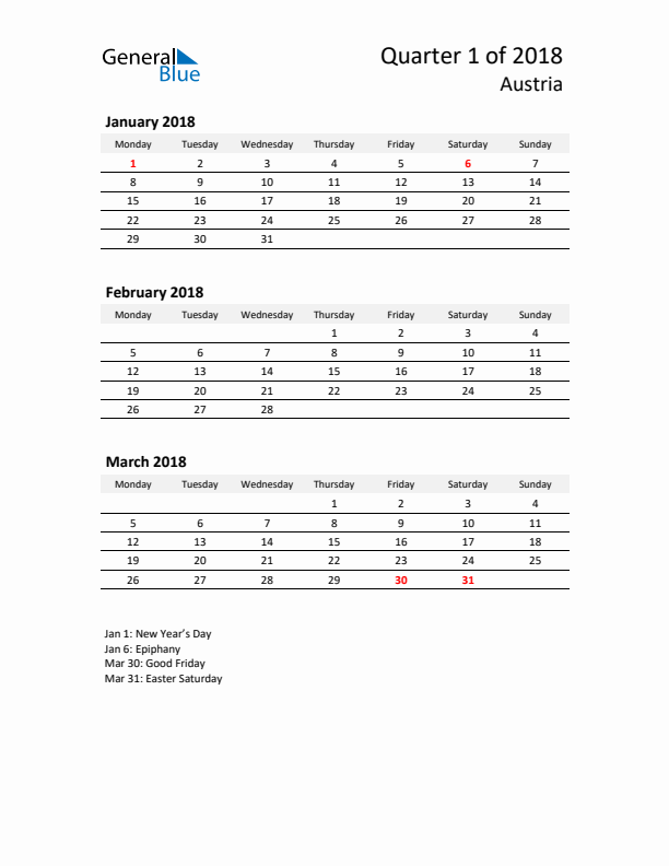 2018 Q1 Three-Month Calendar for Austria