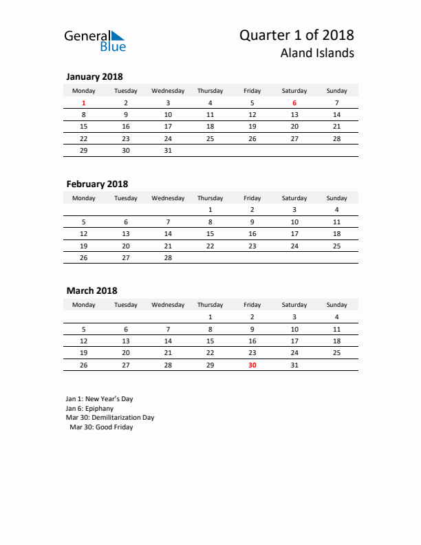 2018 Q1 Three-Month Calendar for Aland Islands