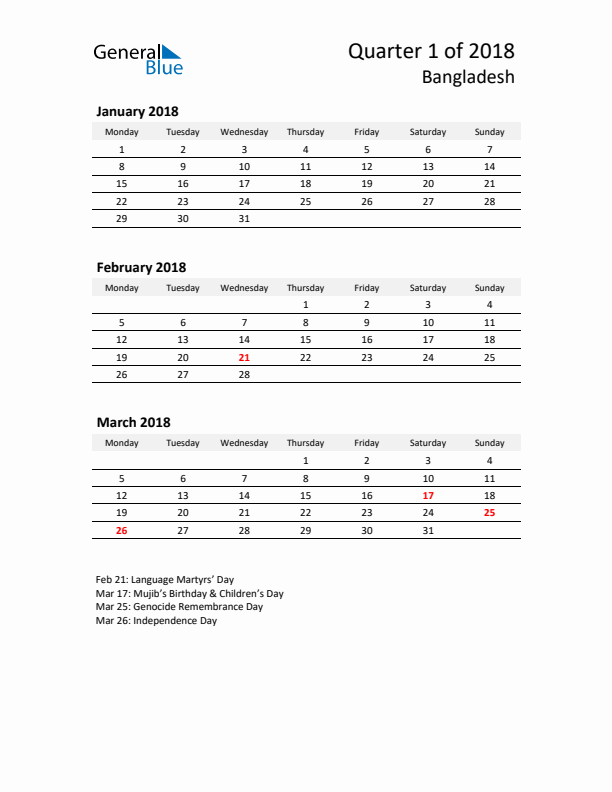 2018 Q1 Three-Month Calendar for Bangladesh