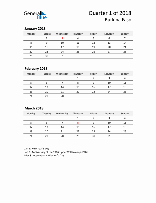 2018 Q1 Three-Month Calendar for Burkina Faso