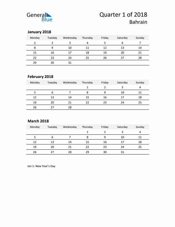 2018 Q1 Three-Month Calendar for Bahrain