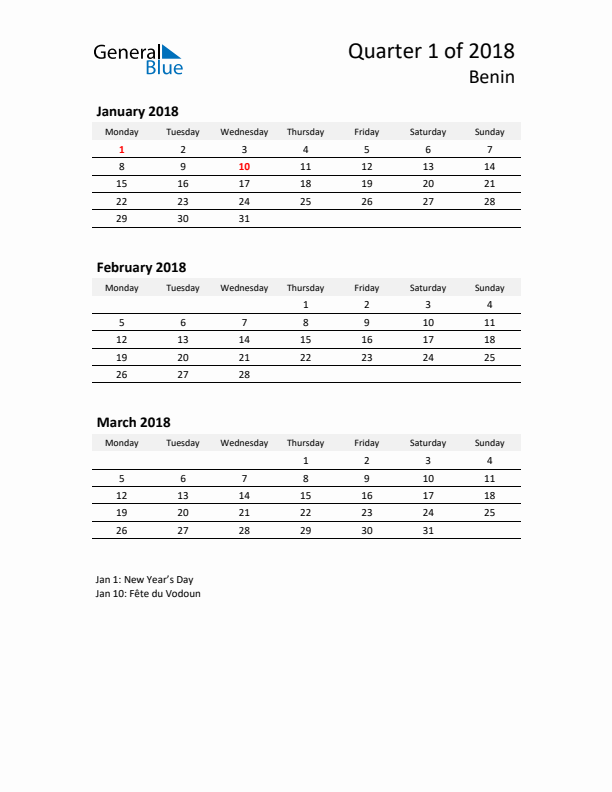 2018 Q1 Three-Month Calendar for Benin