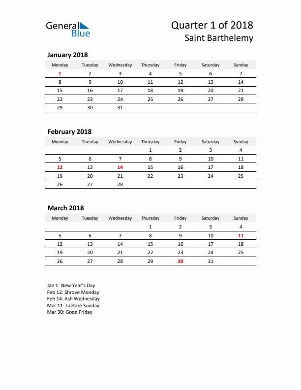 2018 Q1 Three-Month Calendar for Saint Barthelemy