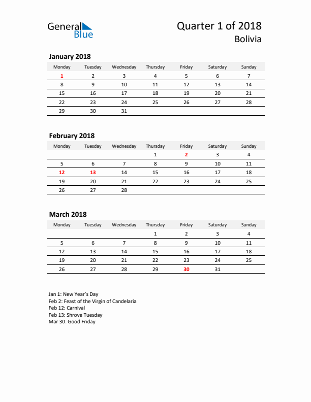 2018 Q1 Three-Month Calendar for Bolivia