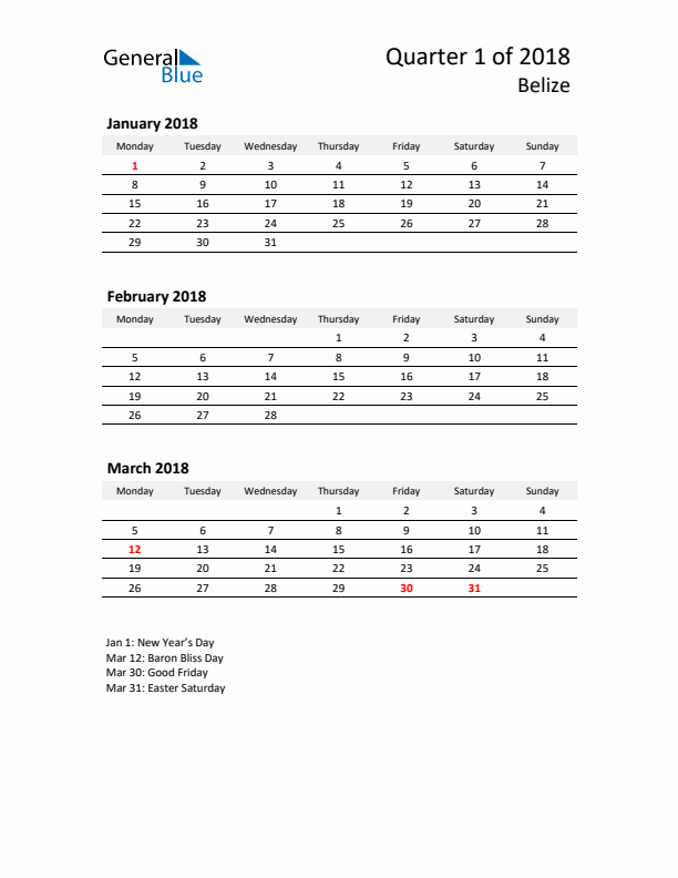 2018 Q1 Three-Month Calendar for Belize