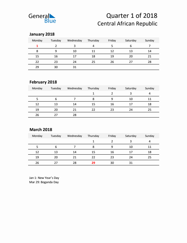 2018 Q1 Three-Month Calendar for Central African Republic